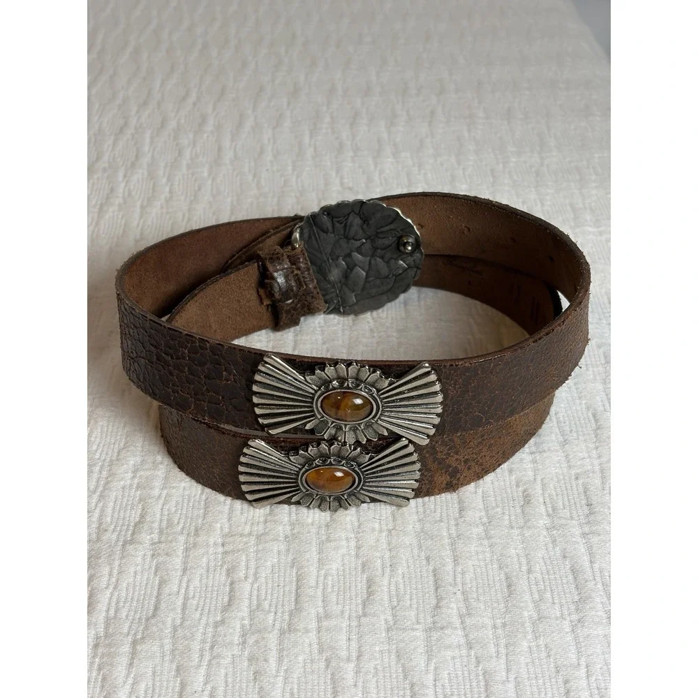 Garuglieri Italian Brown Leather Silver/Amber, Style 413 Western Belt, Size Sm